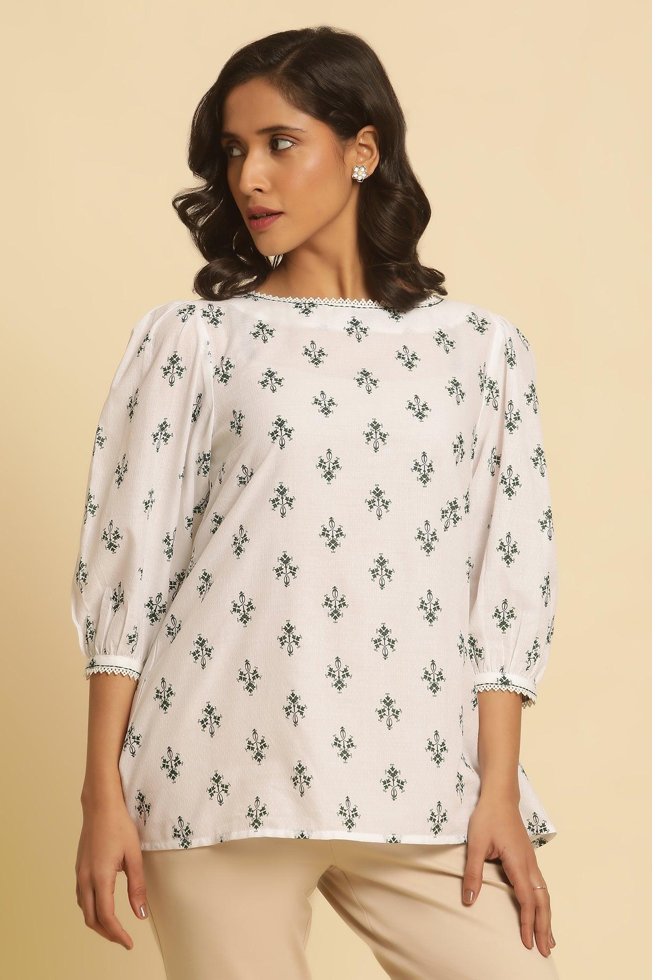 White Printed Top Wit Lace And Puffed Sleeves - wforwoman