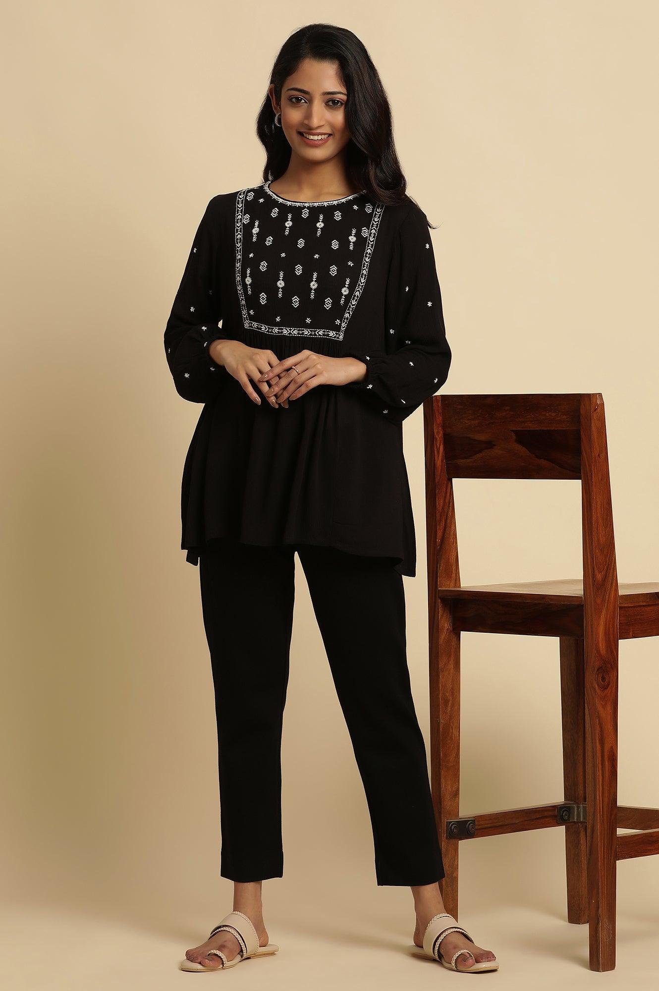 Black Top With Ivory Embroidered Yoke - wforwoman