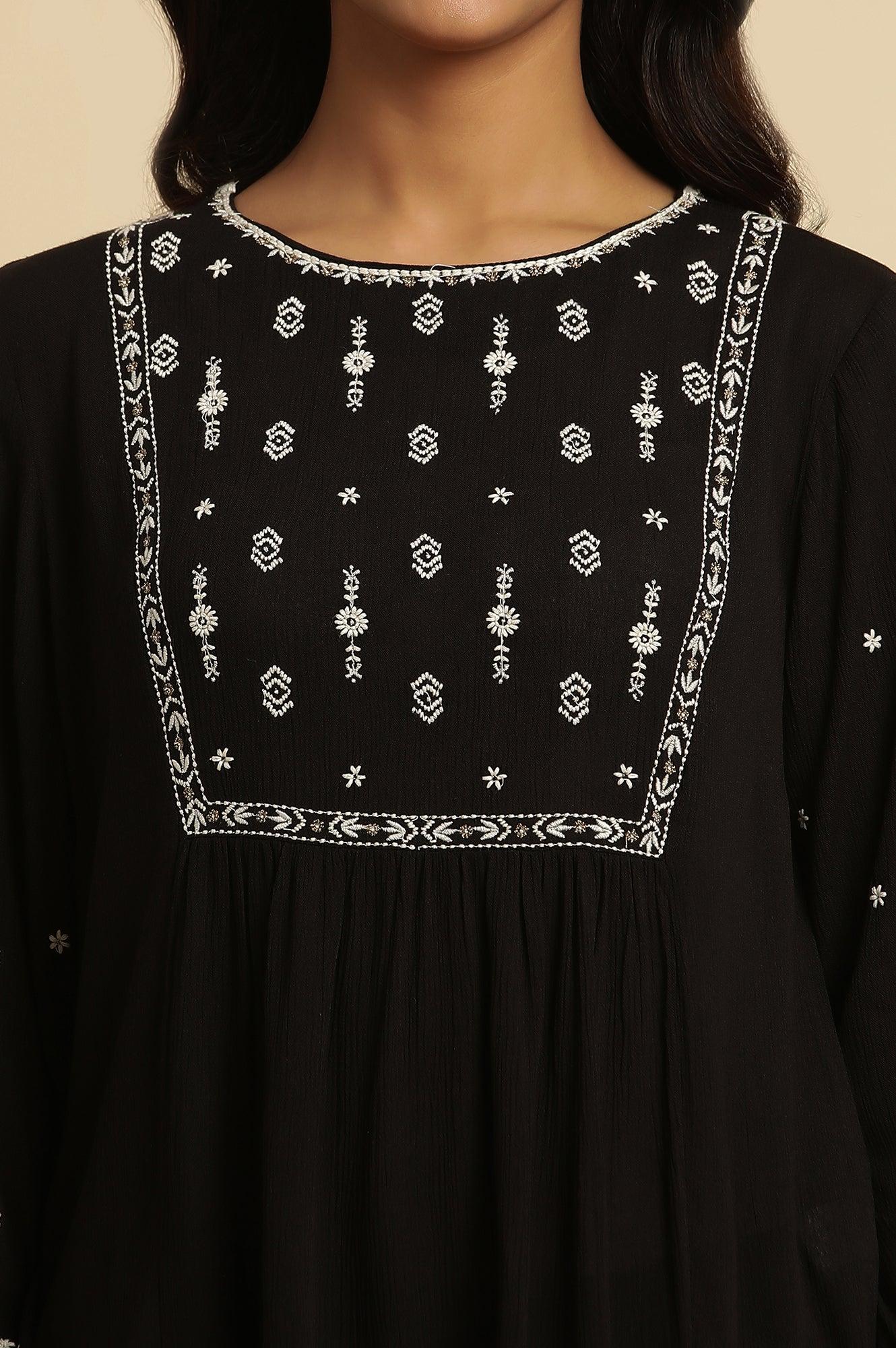 Black Top With Ivory Embroidered Yoke - wforwoman