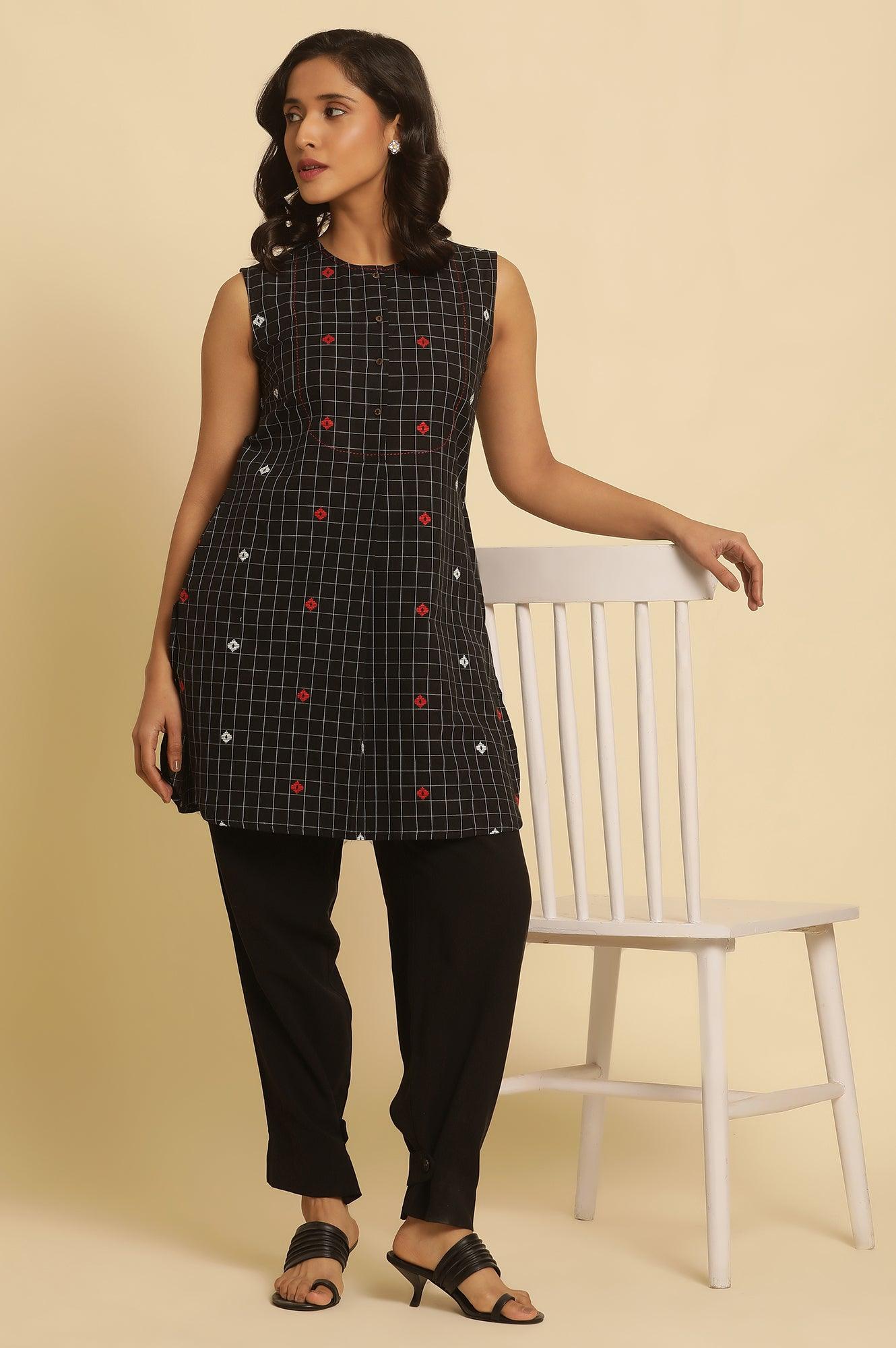 Black Checker Tunic With Curved Hemline - wforwoman