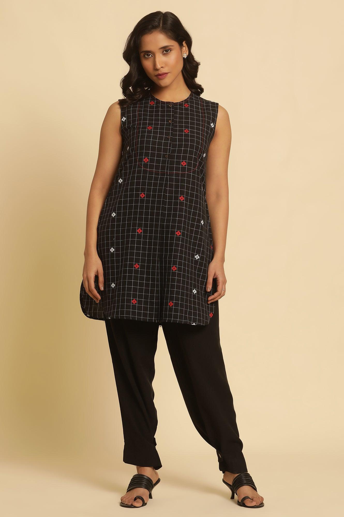 Black Checker Tunic With Curved Hemline - wforwoman