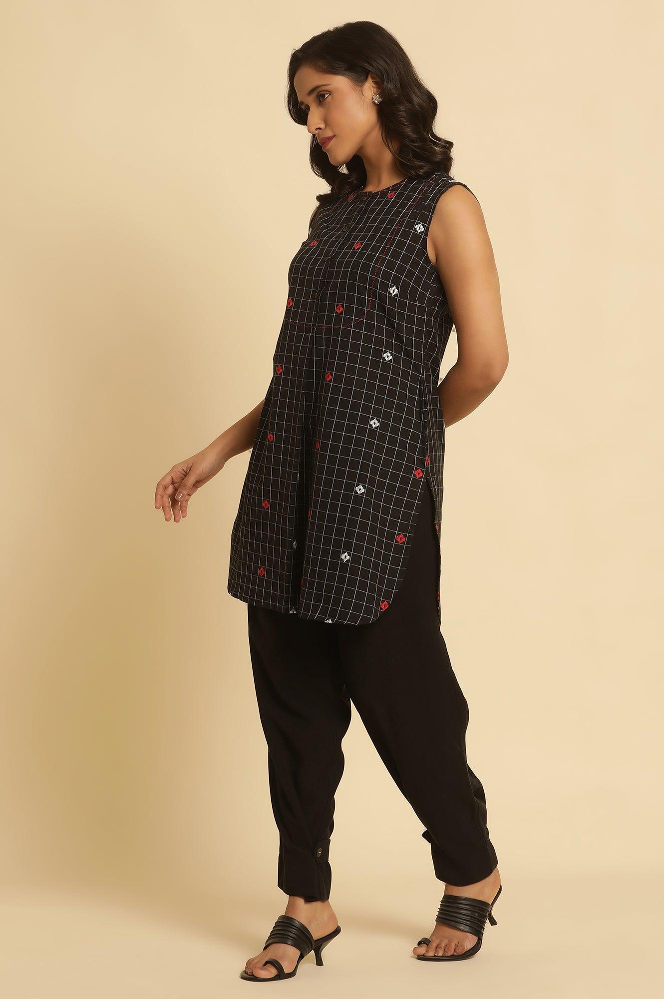 Black Checker Tunic With Curved Hemline - wforwoman