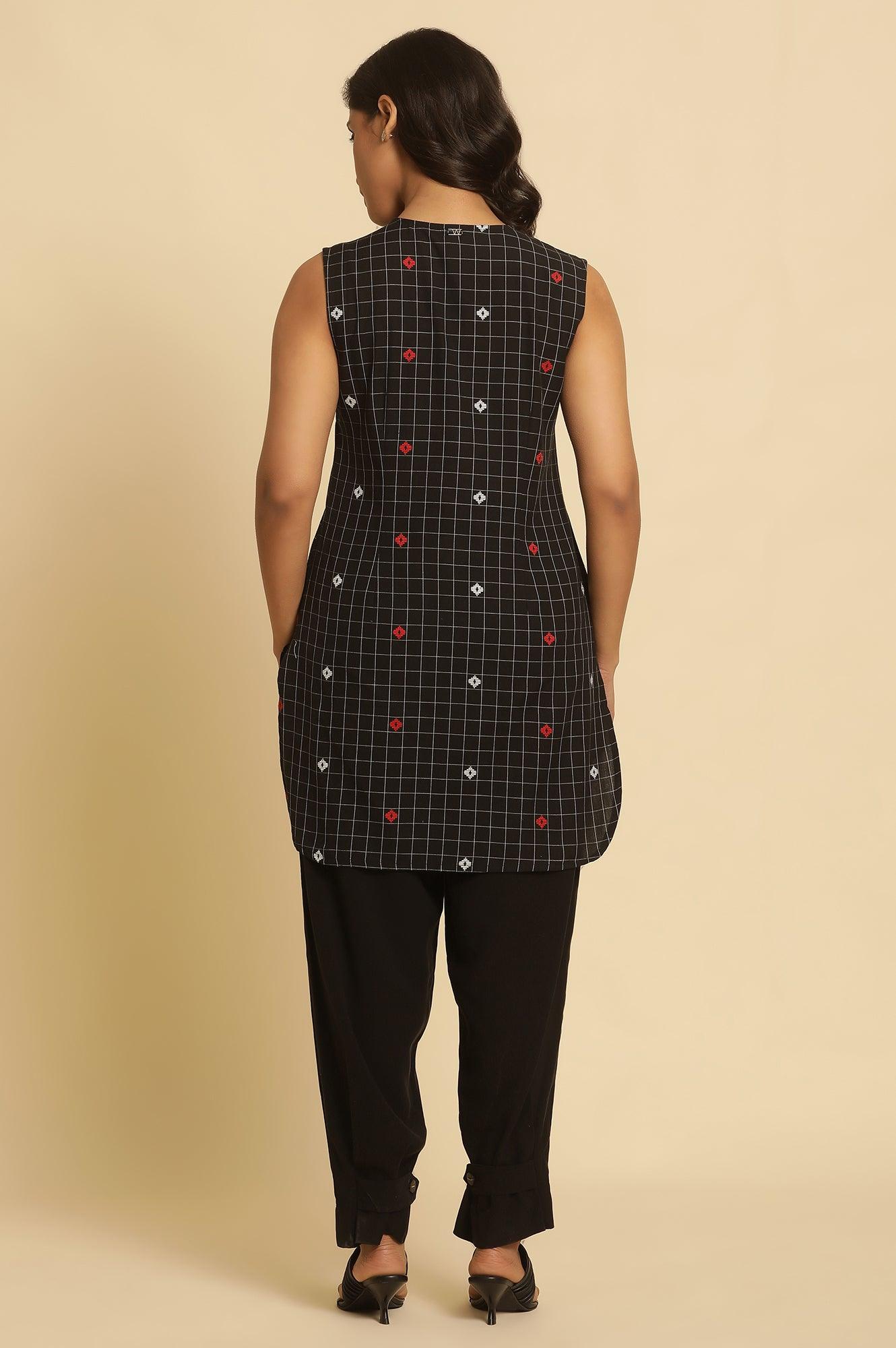 Black Checker Tunic With Curved Hemline - wforwoman