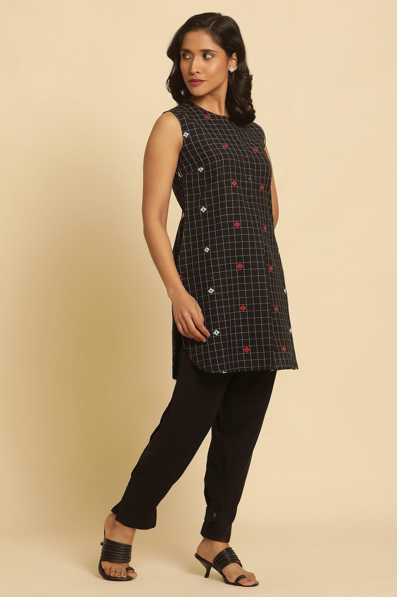 Black Checker Tunic With Curved Hemline - wforwoman