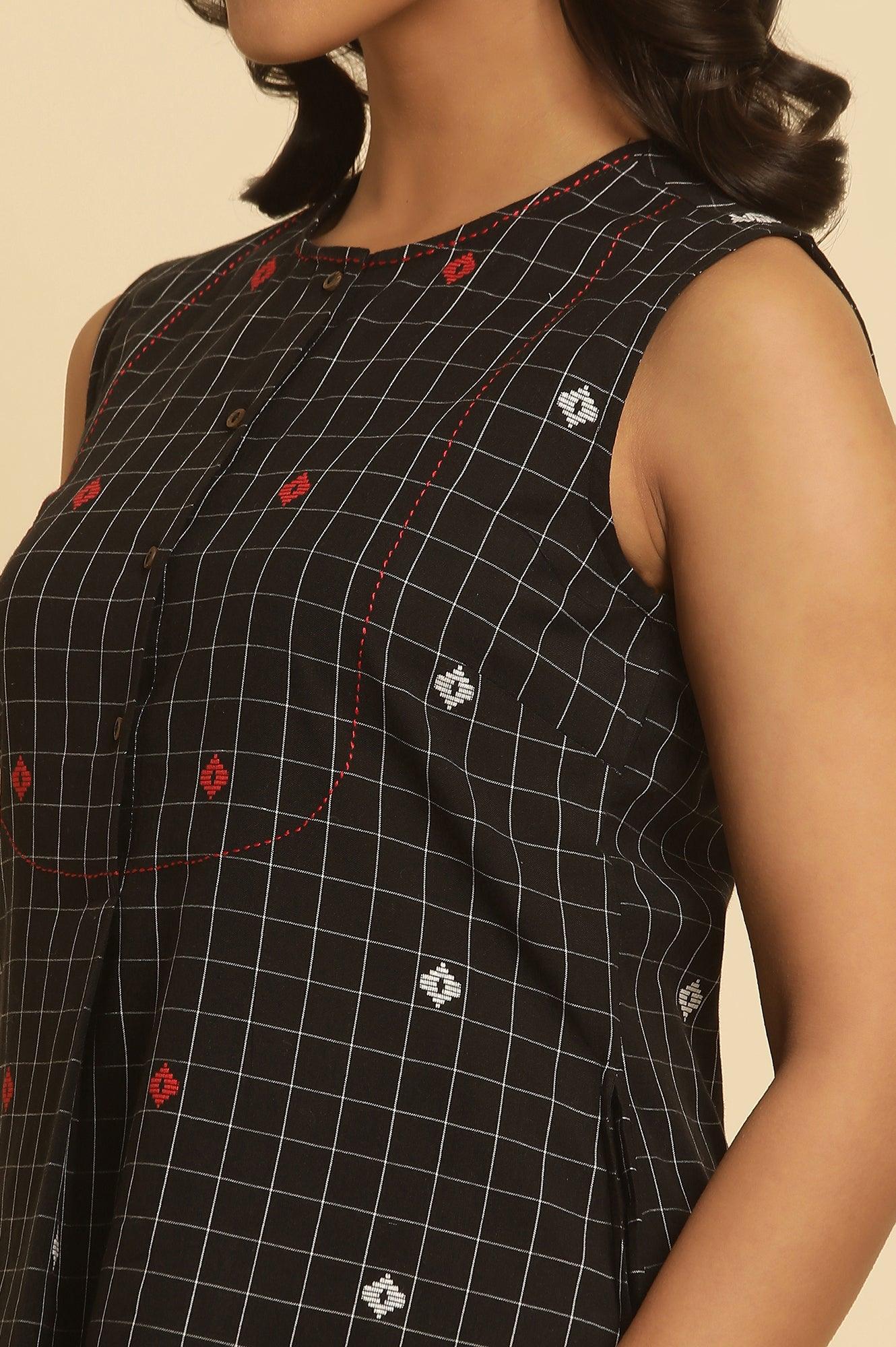 Black Checker Tunic With Curved Hemline - wforwoman