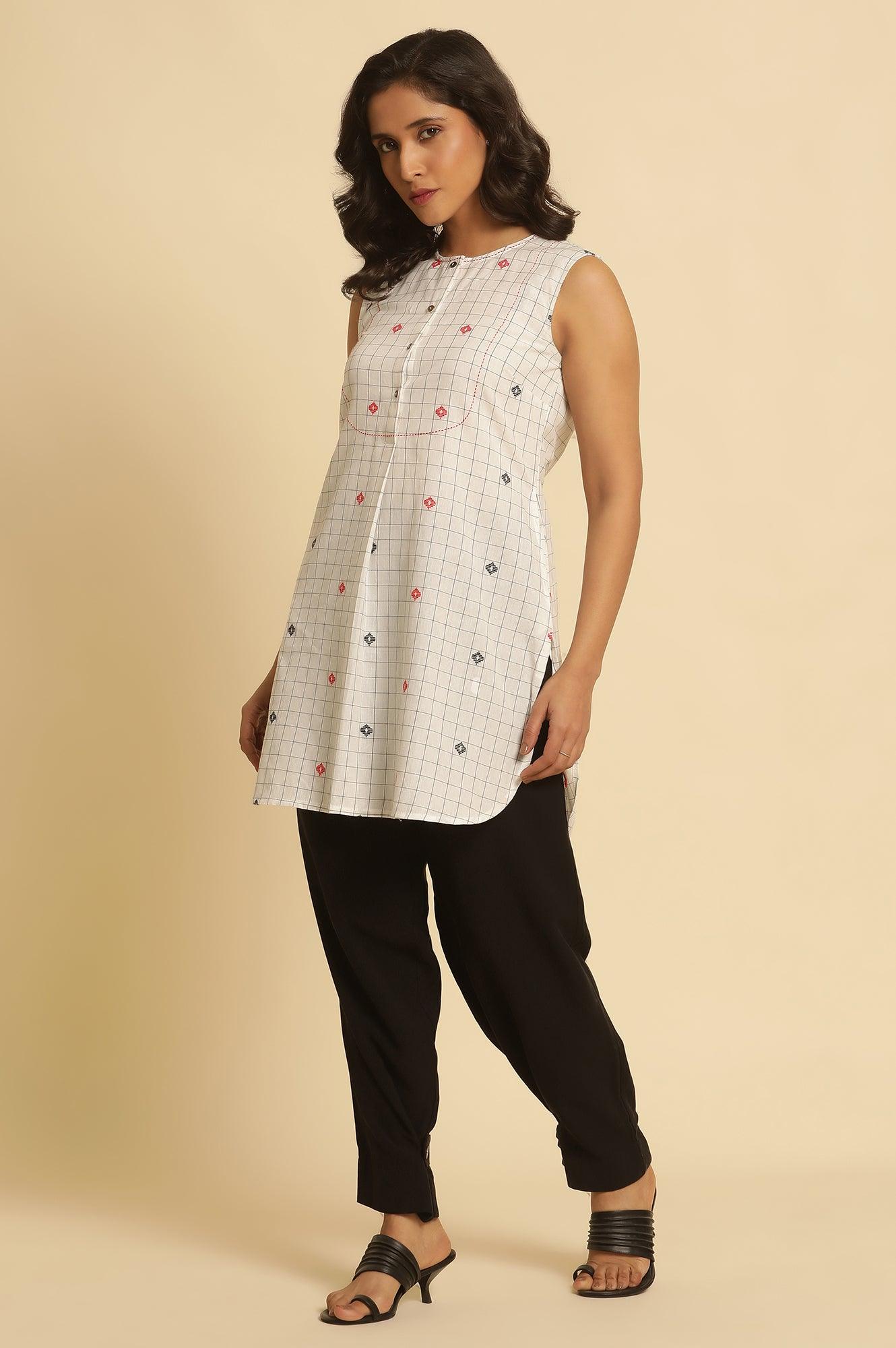 White Checker Tunic With Curved Hemline - wforwoman