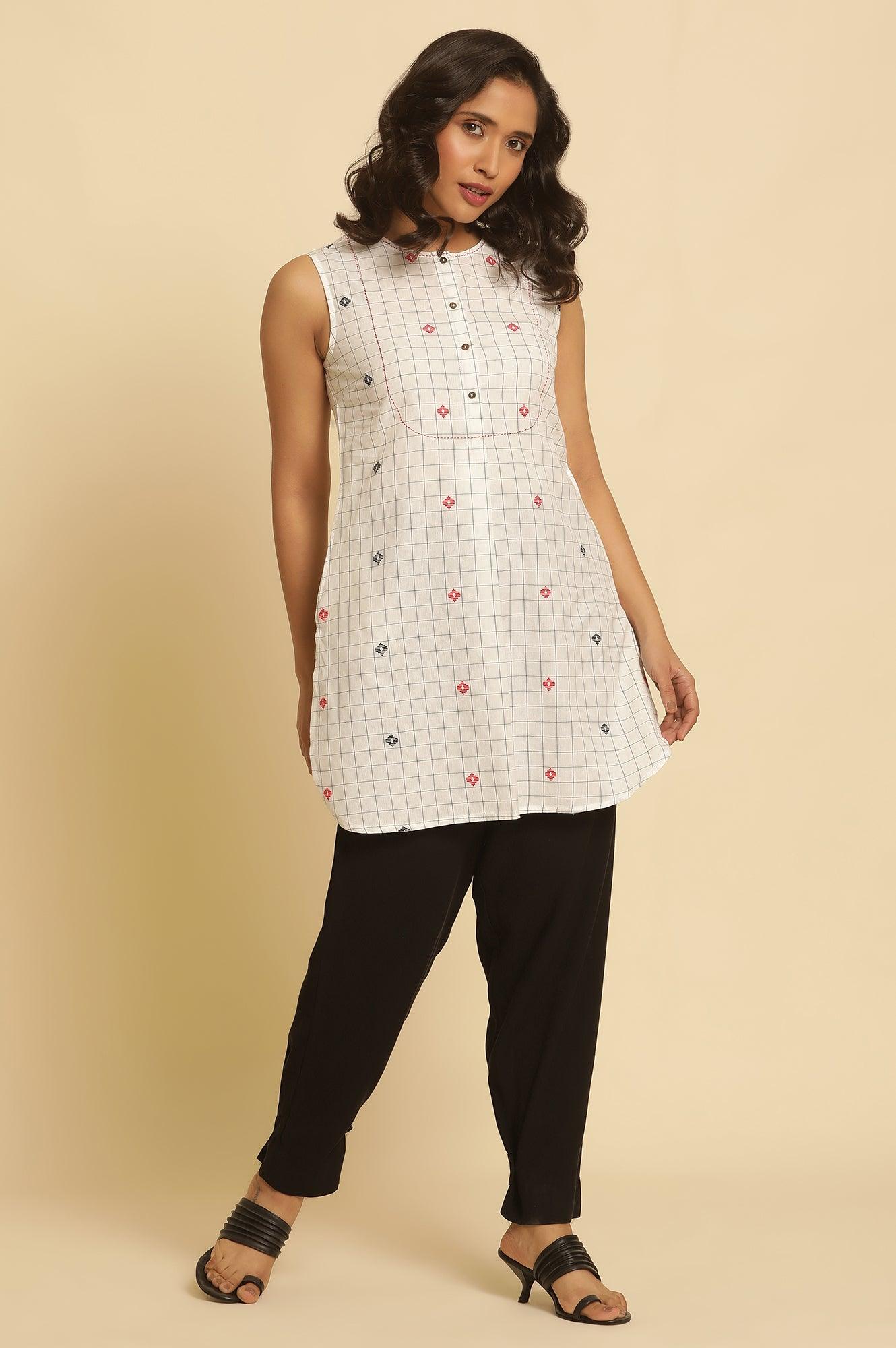 White Checker Tunic With Curved Hemline - wforwoman