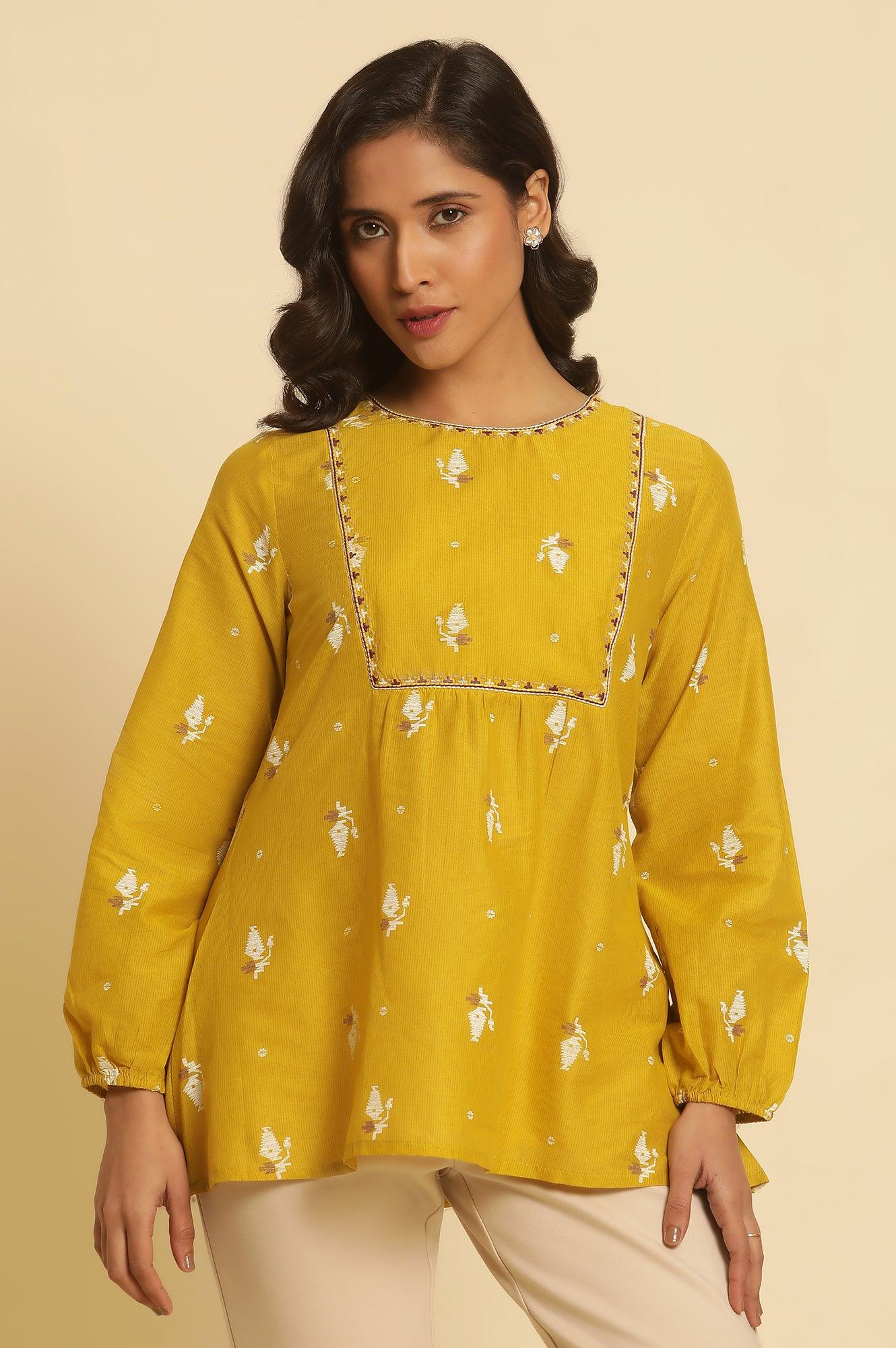 Yellow Geometric Printed And Embroidered Top - wforwoman