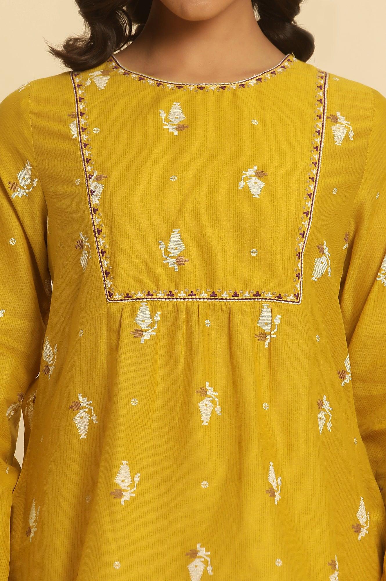 Yellow Geometric Printed And Embroidered Top - wforwoman