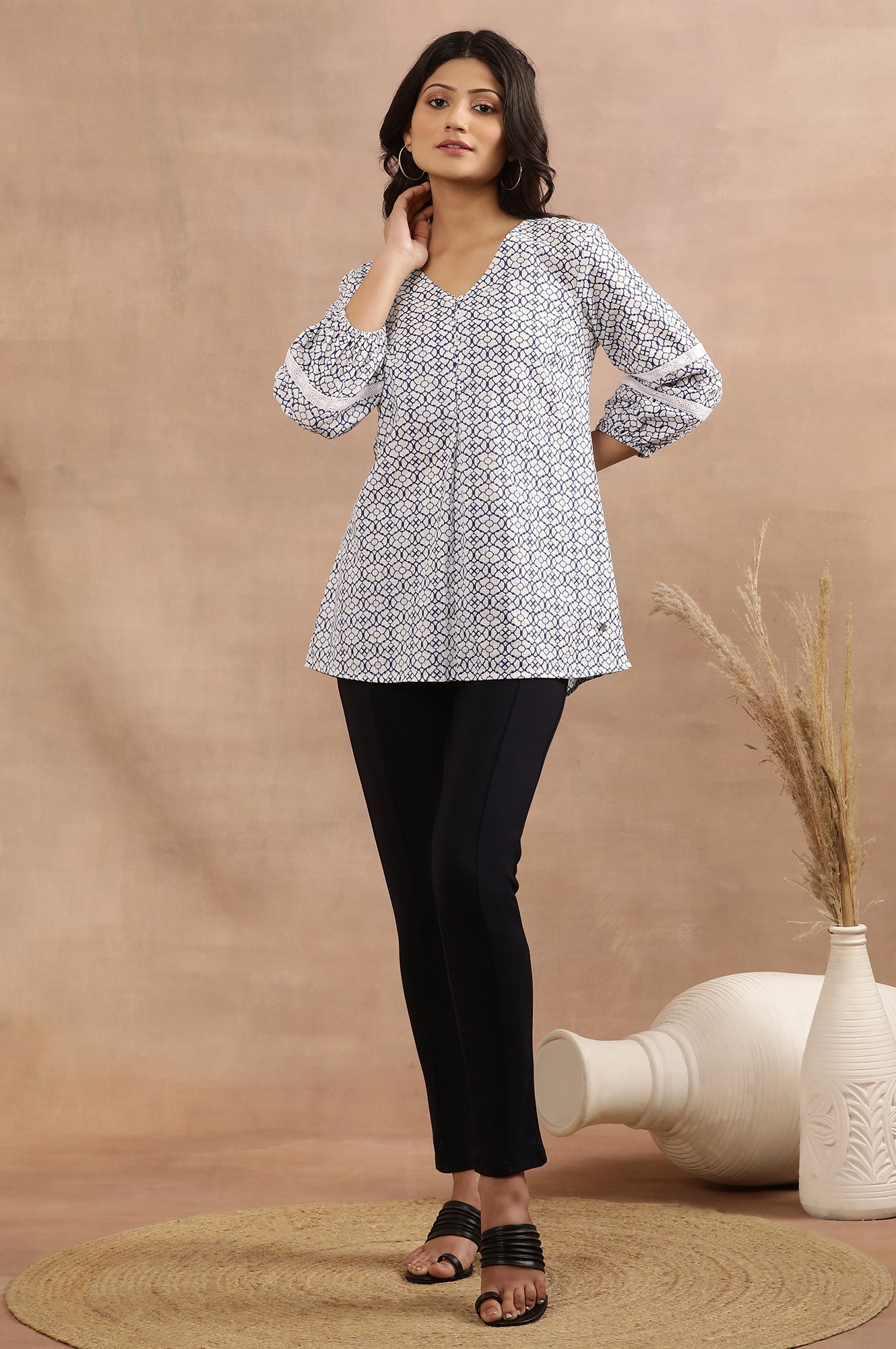 White And Blue Geometric Printed A-Line Cotton Top