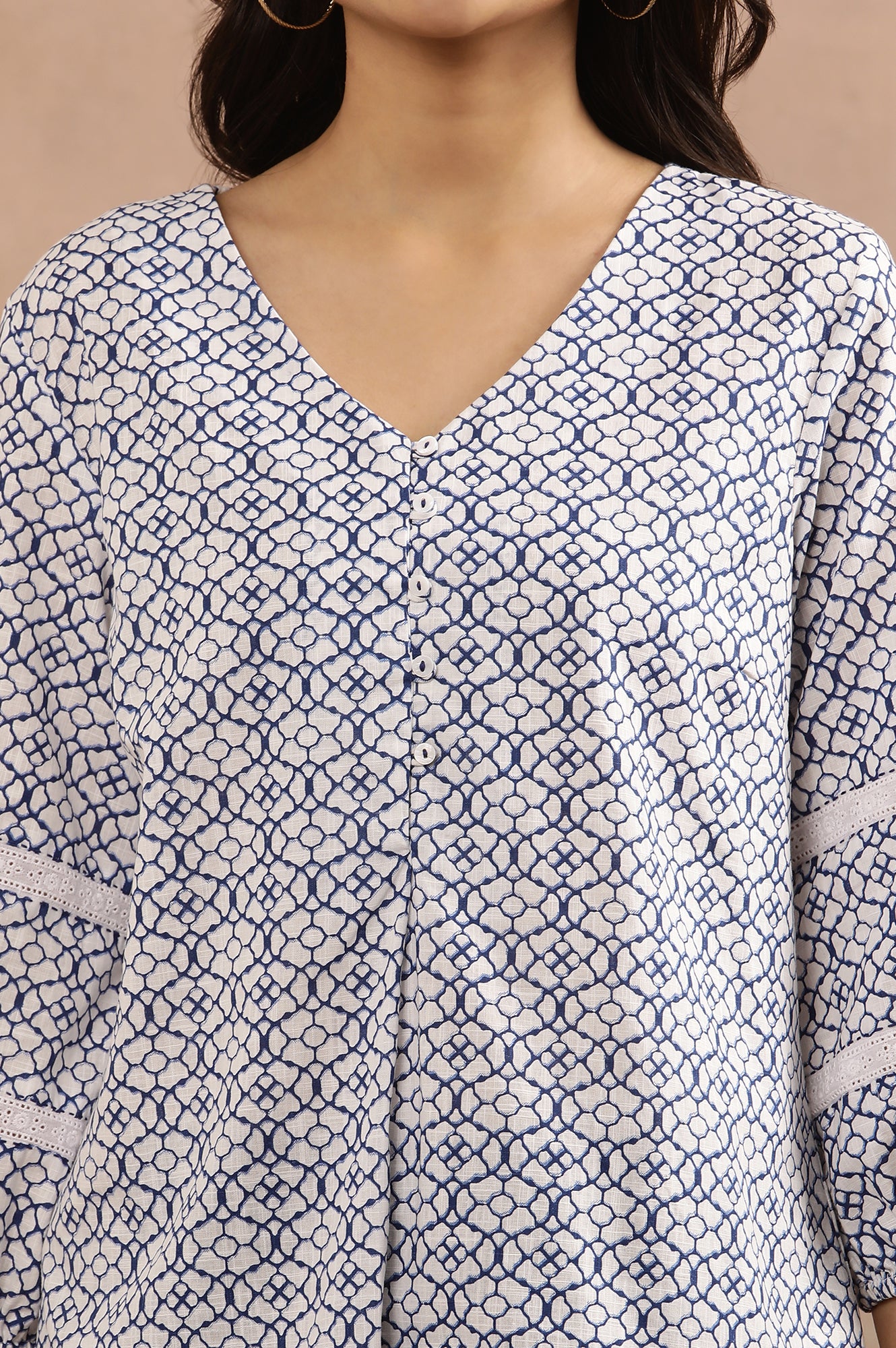 White And Blue Geometric Printed A-Line Cotton Top