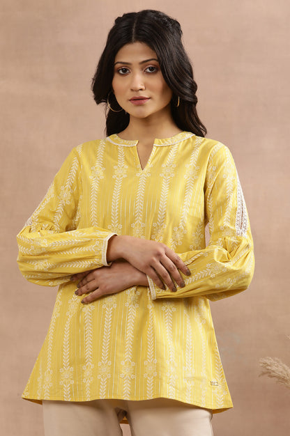 Yellow Printed Top With Tie-Up Detail