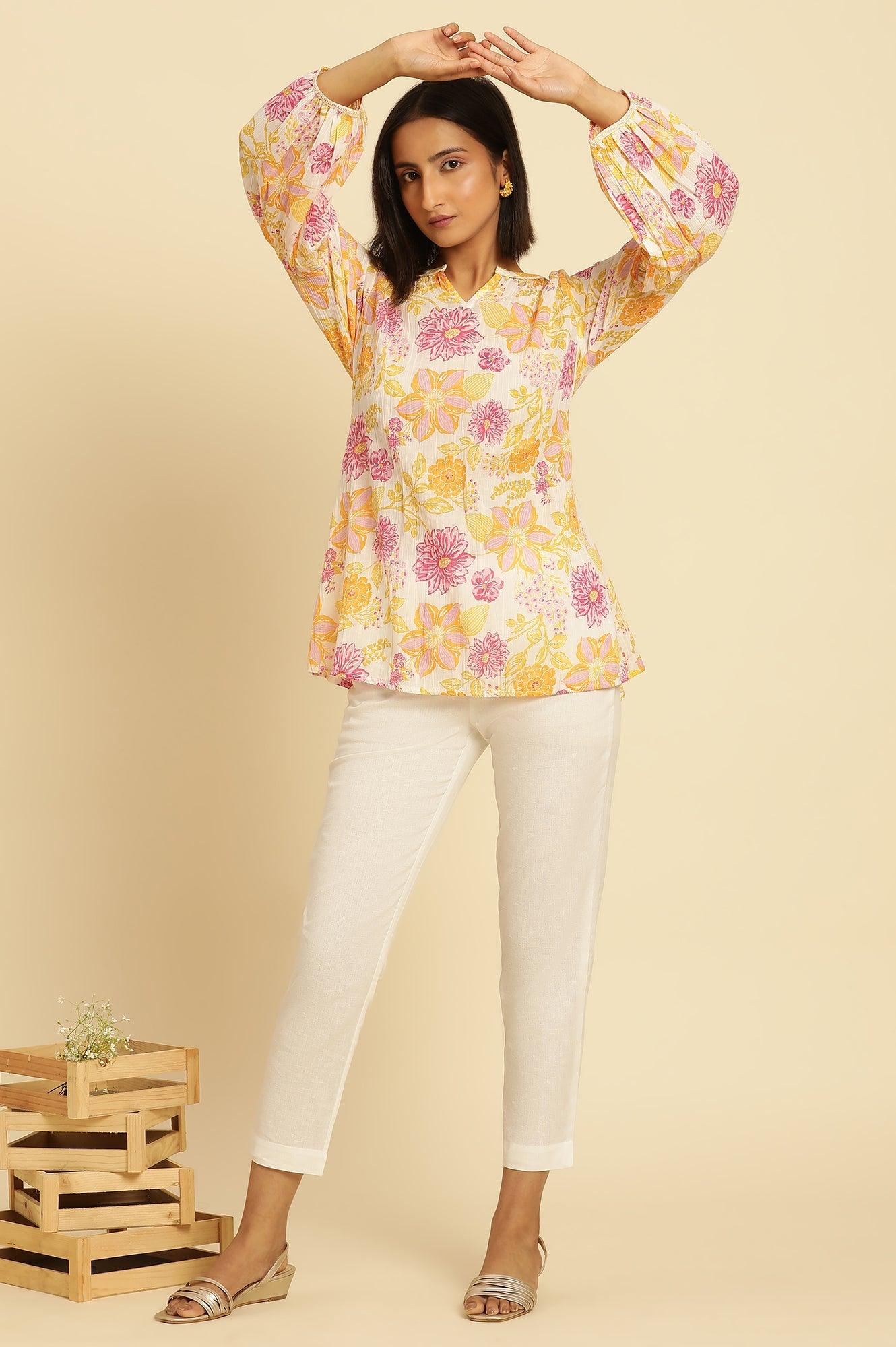White Printed Top With Tie-Up Detail - wforwoman