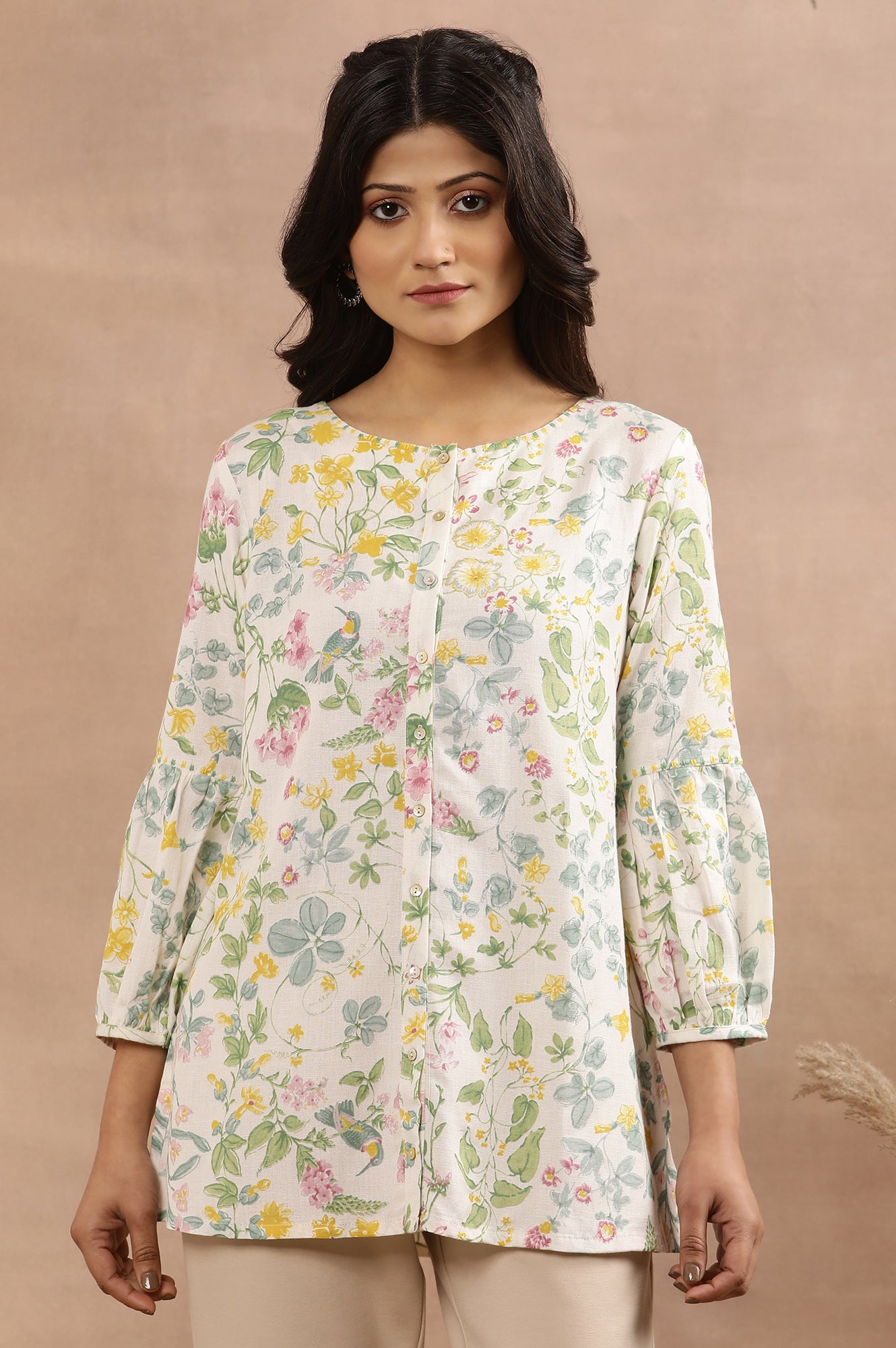 White Floral Printed Top With Embroidered Neck