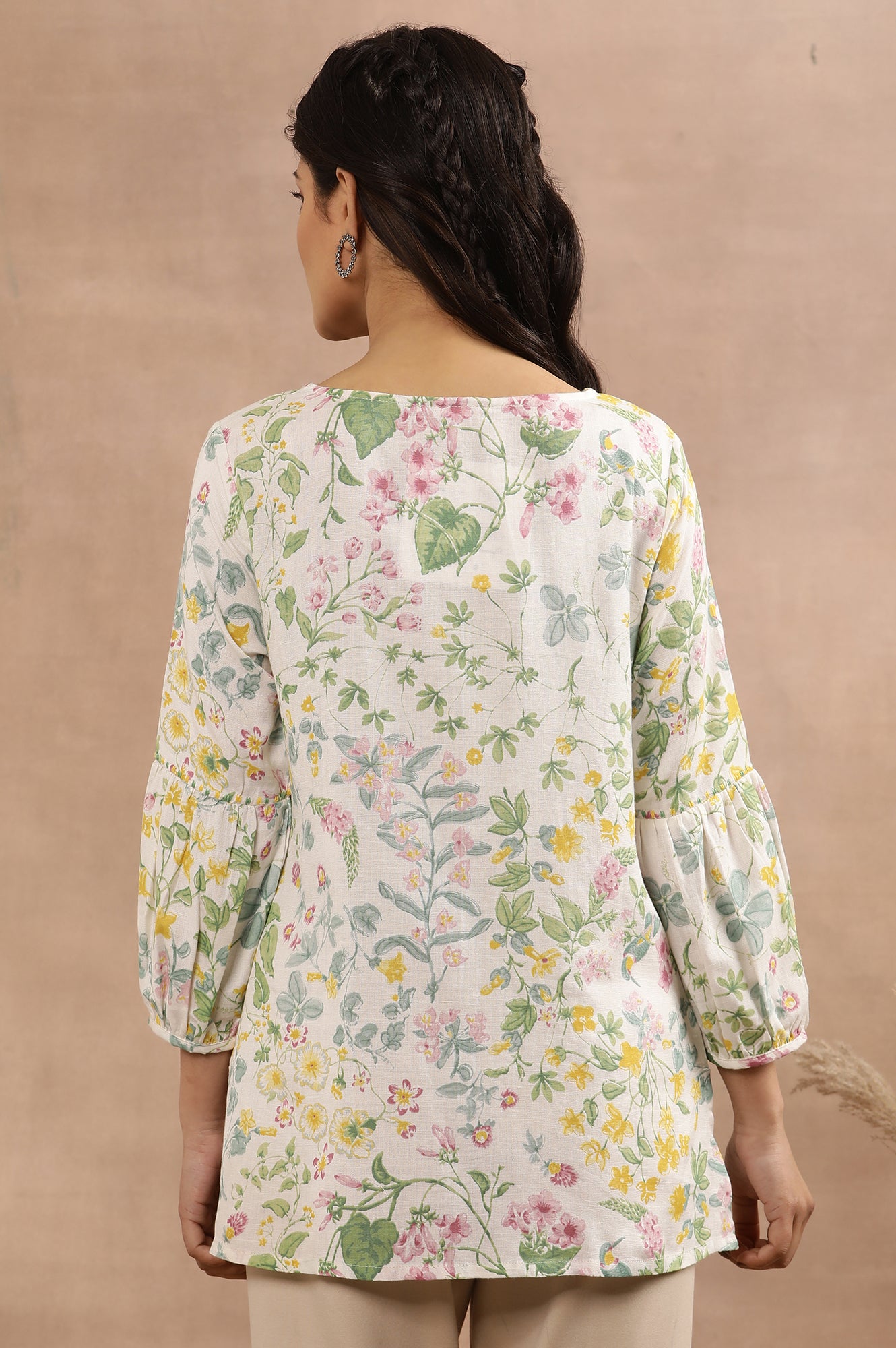 White Floral Printed Top With Embroidered Neck