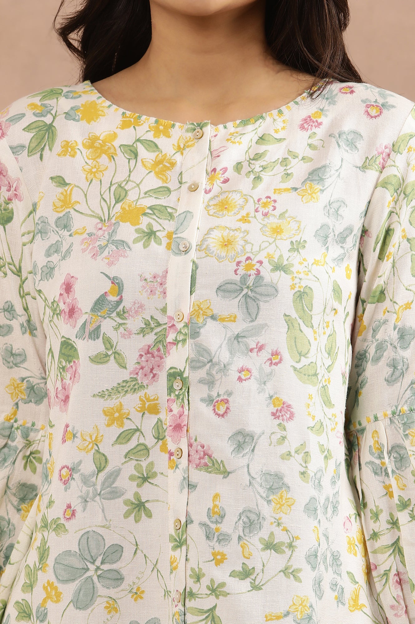 White Floral Printed Top With Embroidered Neck