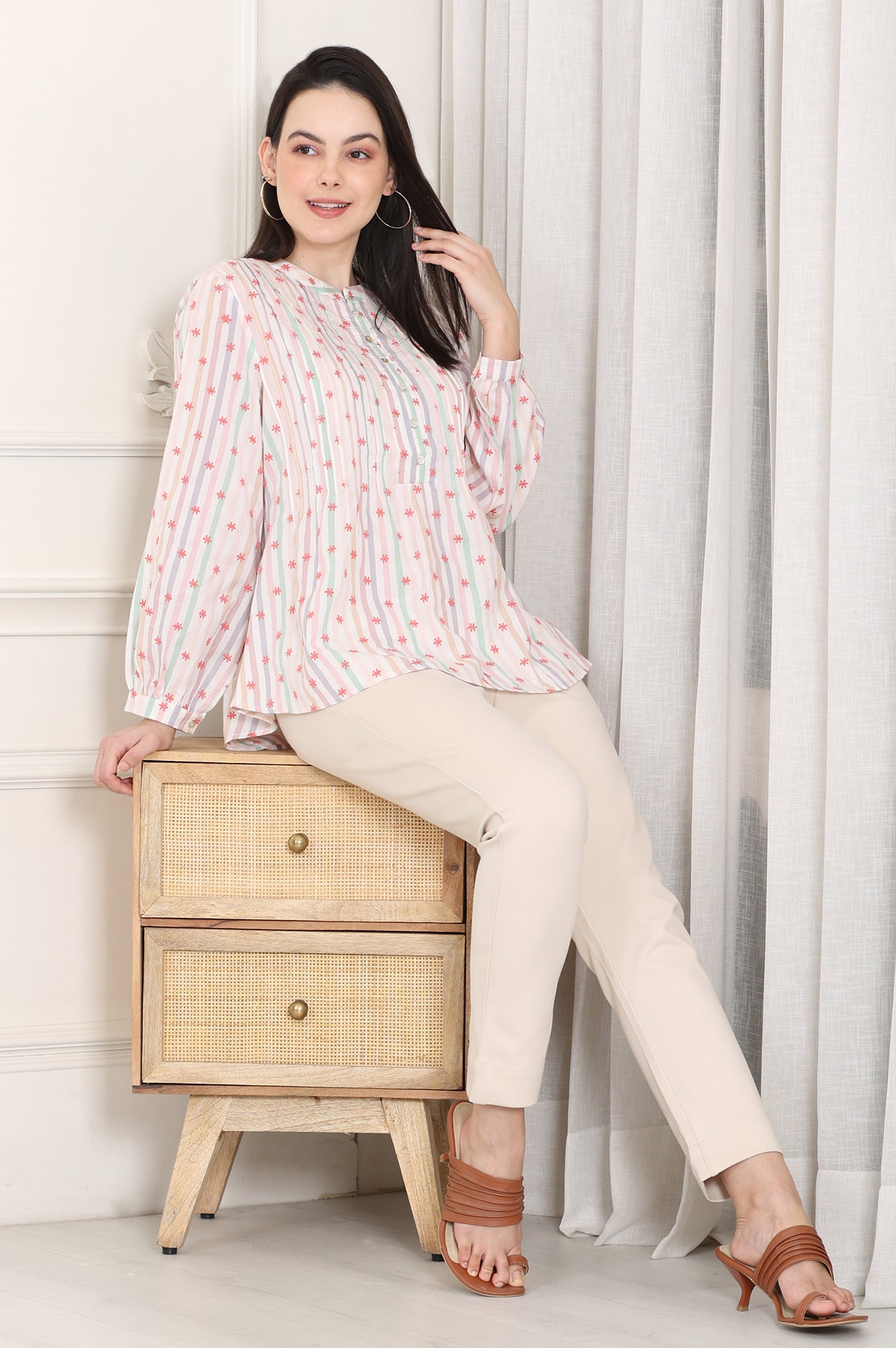 White Pintuck Yoke Cotton Blend Embroidered Top With Stripes Print