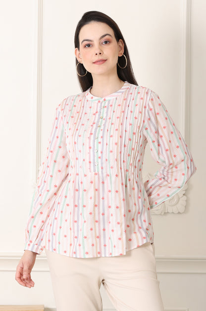 White Pintuck Yoke Cotton Blend Embroidered Top With Stripes Print