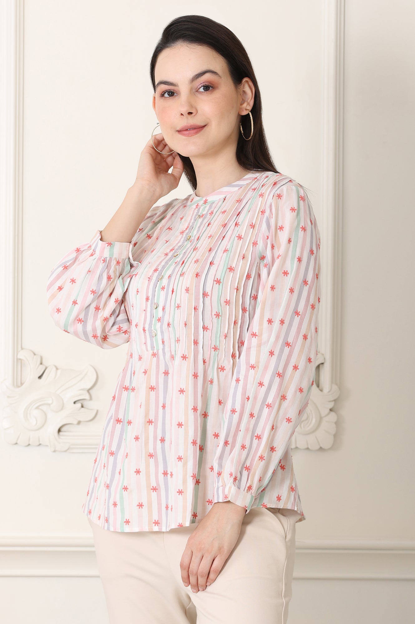 White Pintuck Yoke Cotton Blend Embroidered Top With Stripes Print