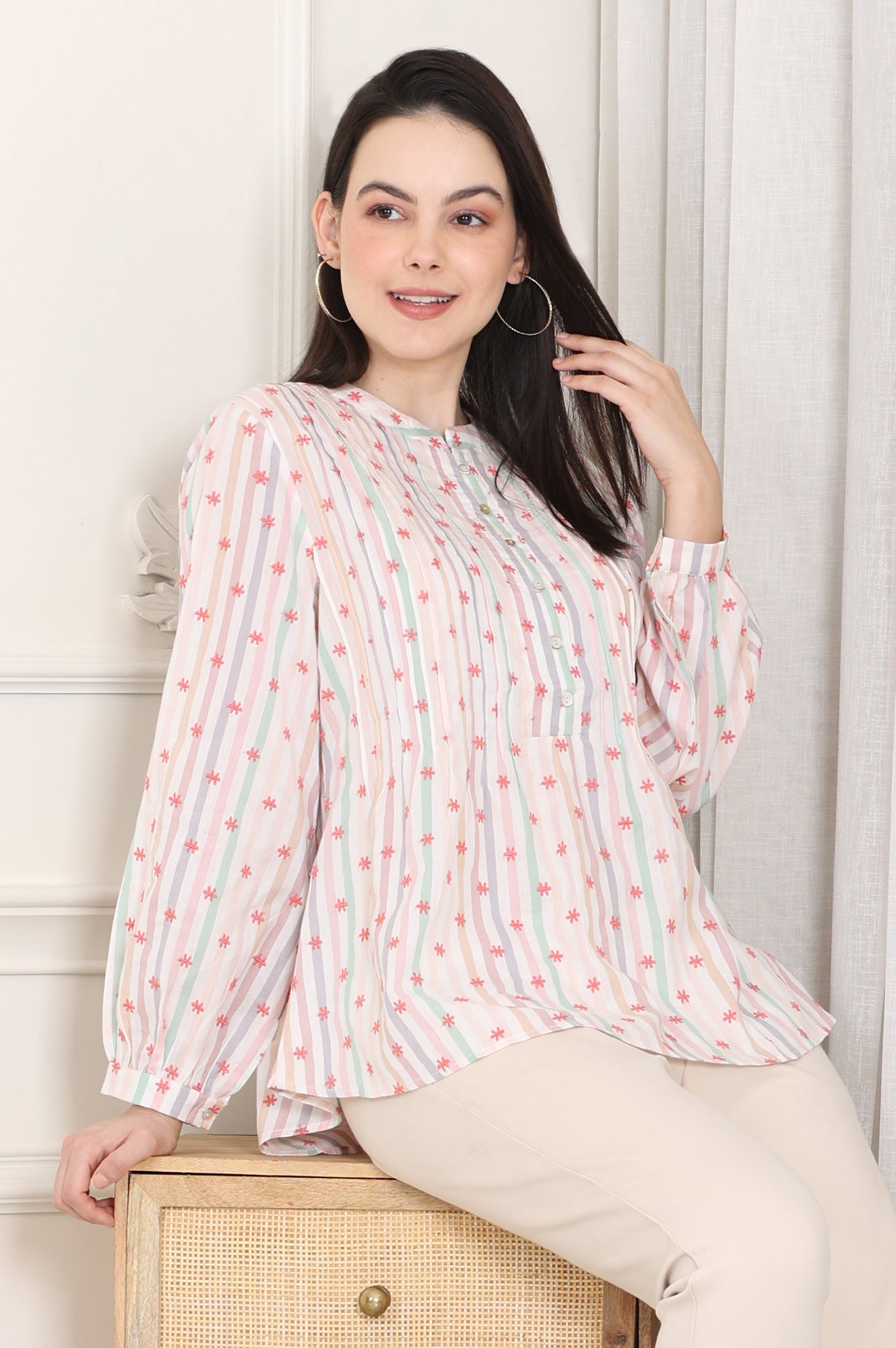 White Pintuck Yoke Cotton Blend Embroidered Top With Stripes Print