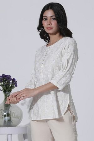 White Schiffli Top with Curved Hemline