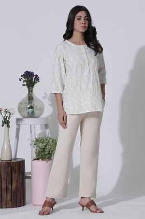 White Schiffli Top With Curved Hemline