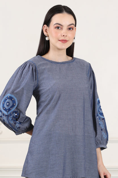 Blue Solid Pure Cotton Chambray Embroidered Top