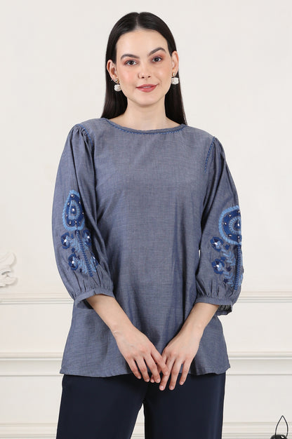 Blue Solid Pure Cotton Chambray Embroidered Top