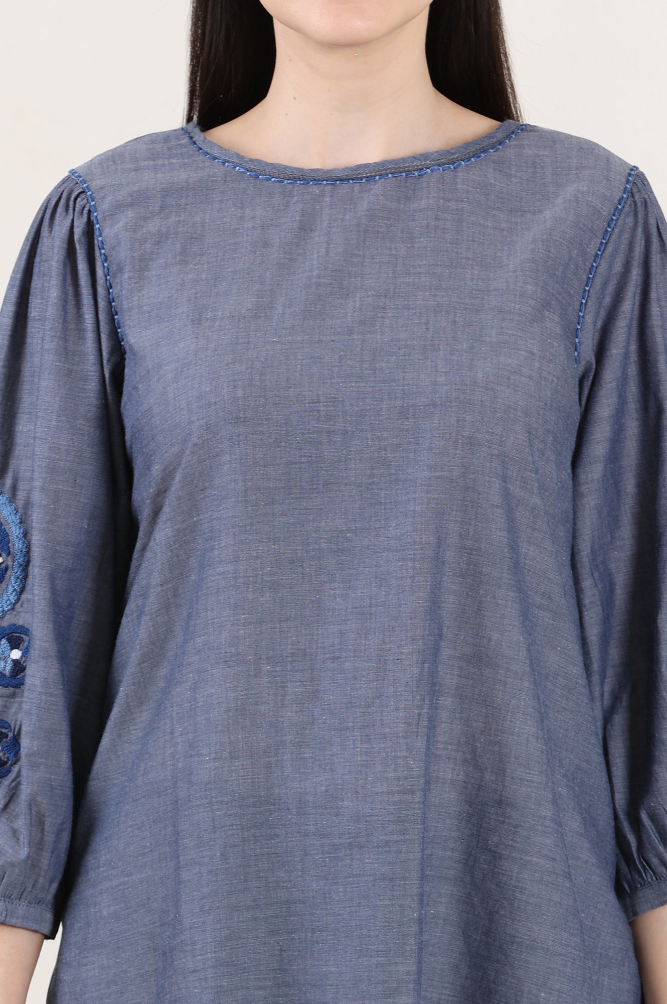 Blue Solid Pure Cotton Chambray Embroidered Top