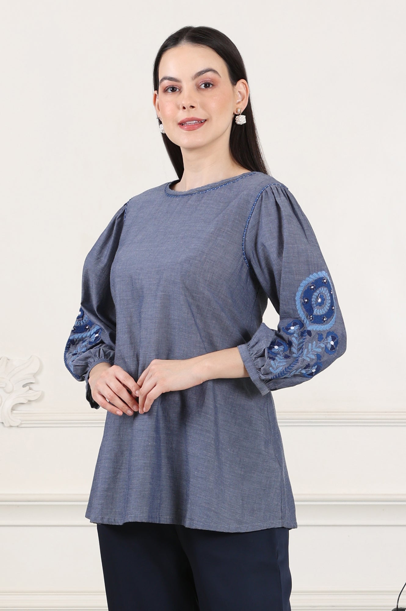 Blue Solid Pure Cotton Chambray Embroidered Top