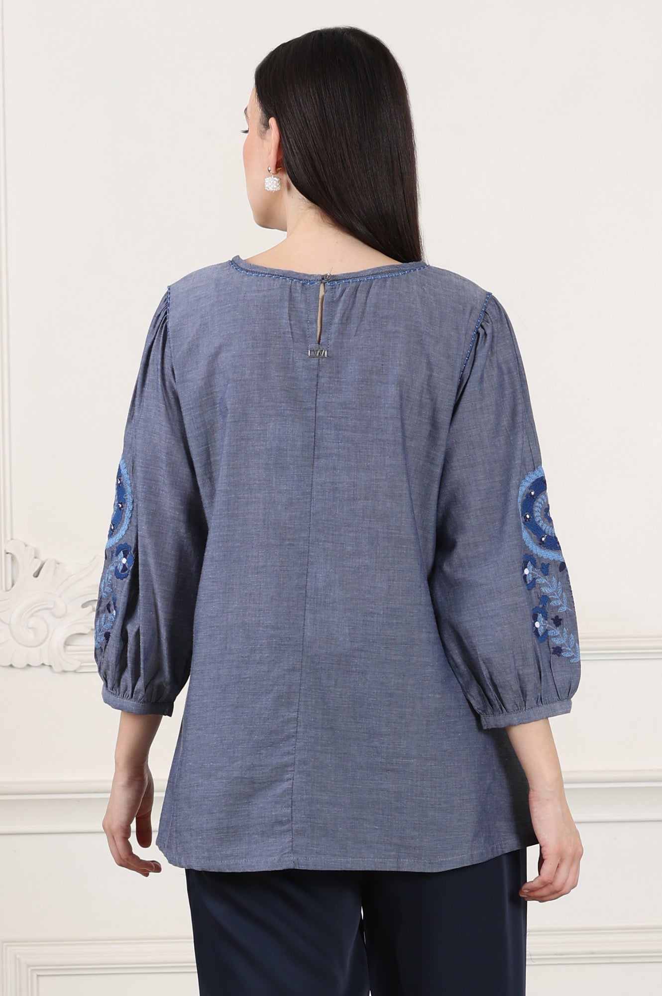 Blue Solid Pure Cotton Chambray Embroidered Top