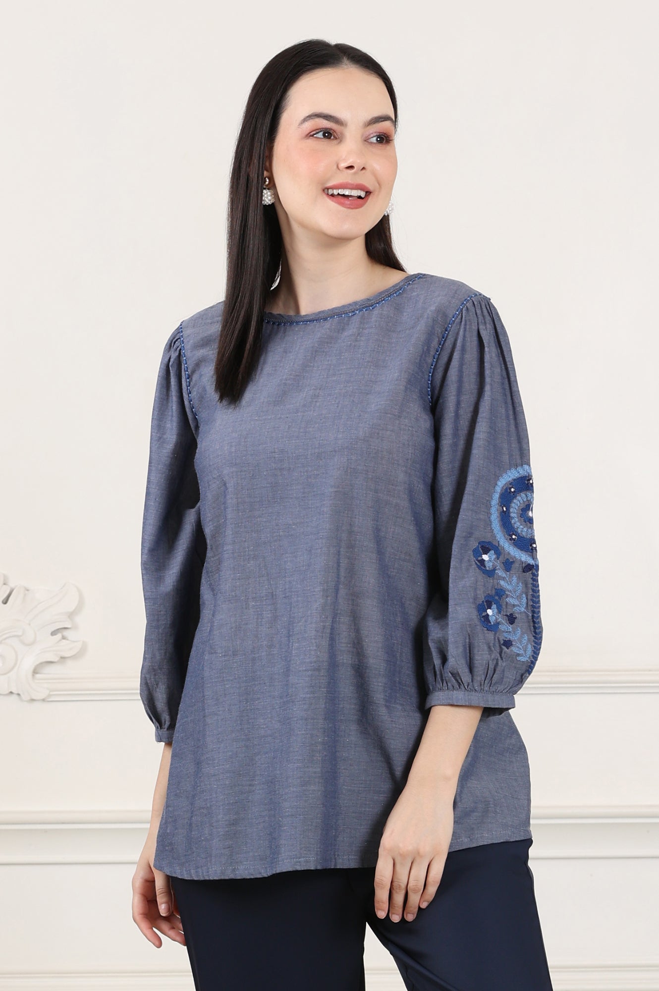 Blue Solid Pure Cotton Chambray Embroidered Top