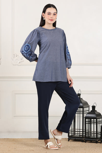 Blue Solid Pure Cotton Chambray Embroidered Top