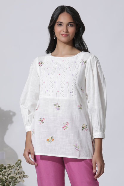 White Embroidered Cotton Top With Schiffli Yoke