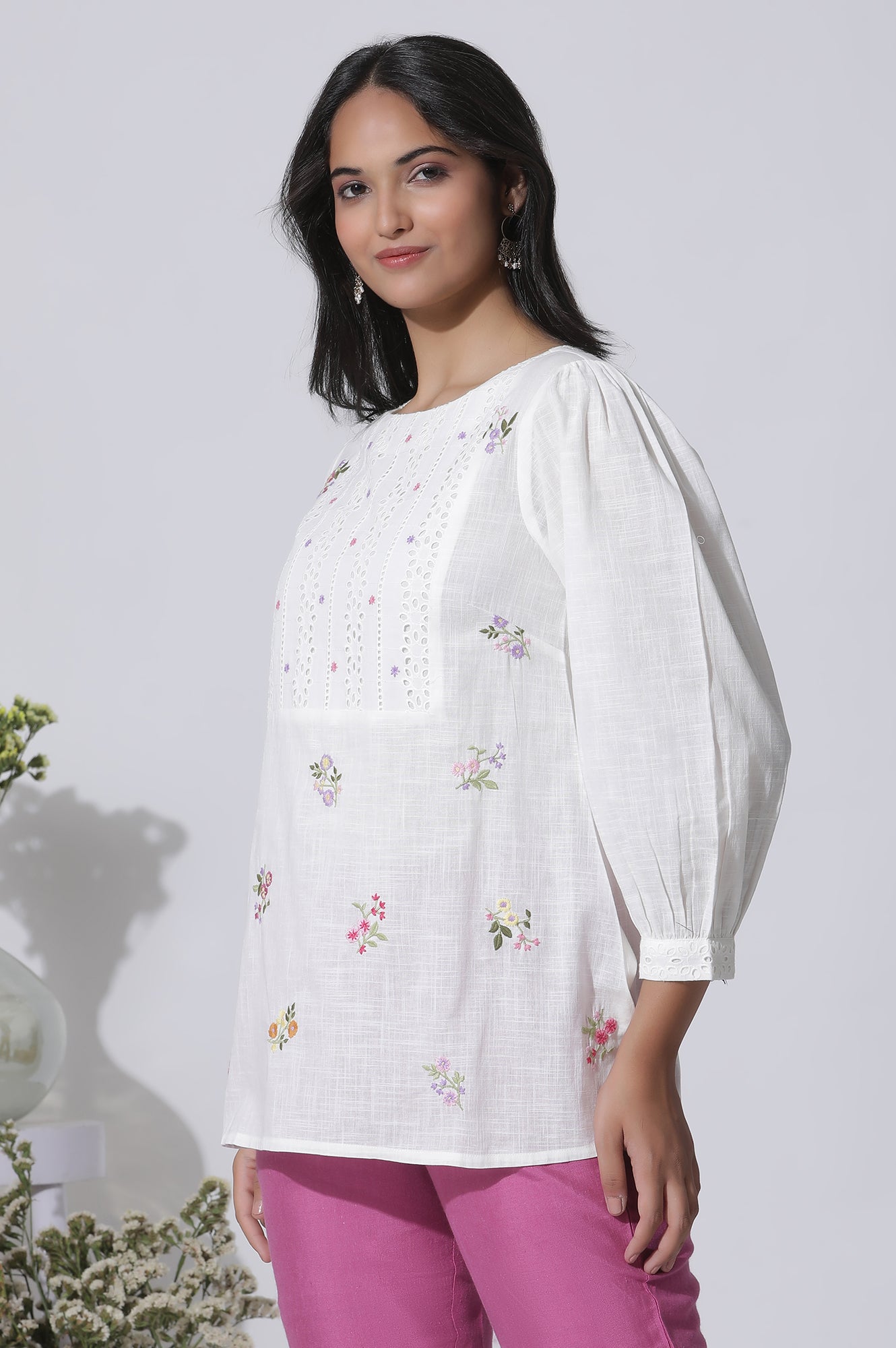 White Embroidered Cotton Top With Schiffli Yoke