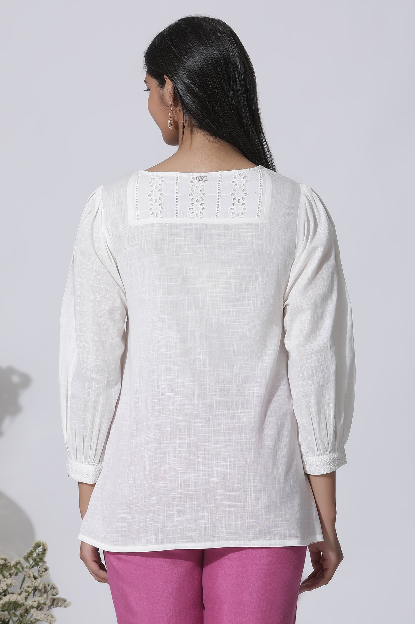 White Embroidered Cotton Top With Schiffli Yoke