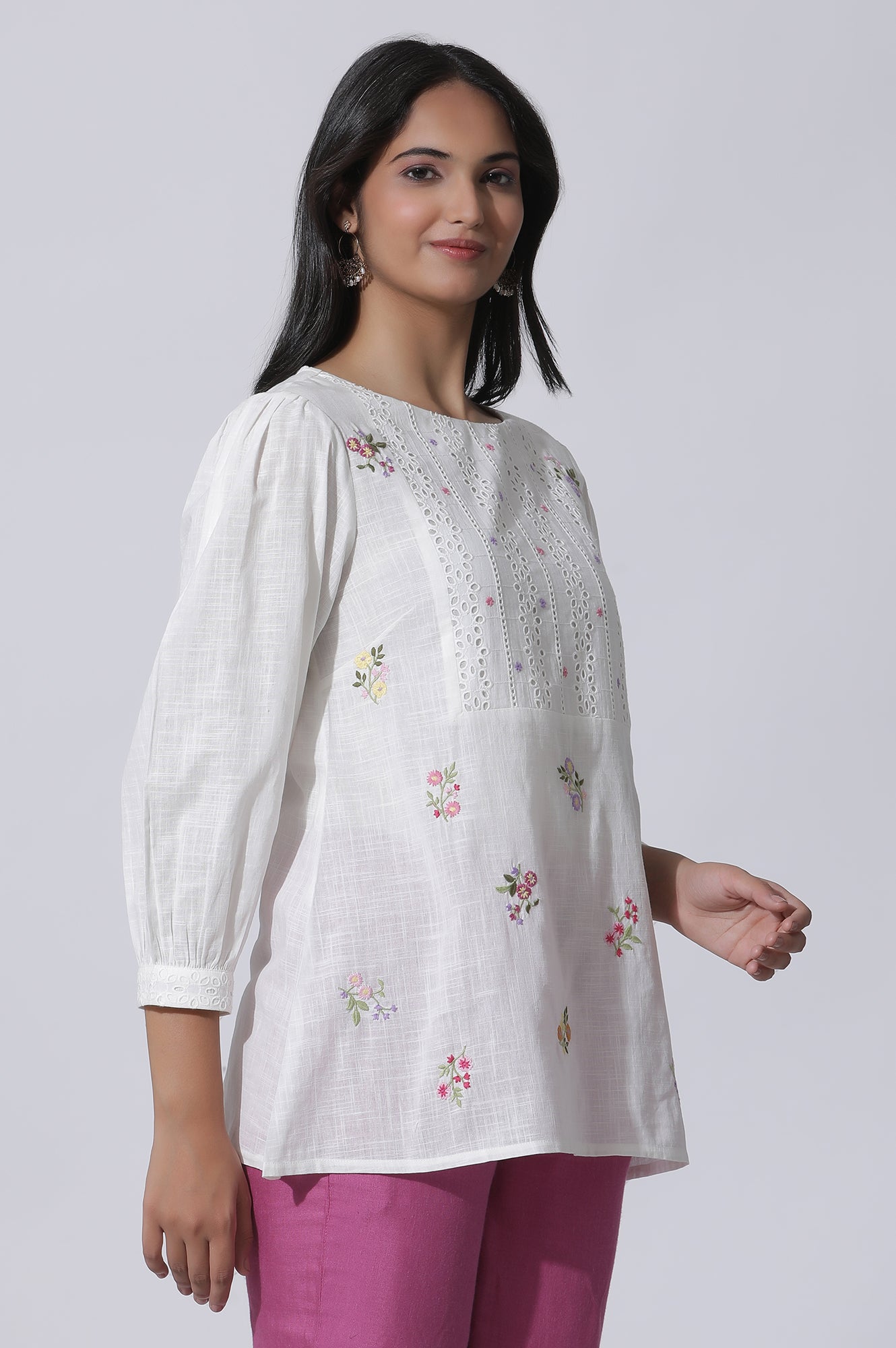 White Embroidered Cotton Top With Schiffli Yoke