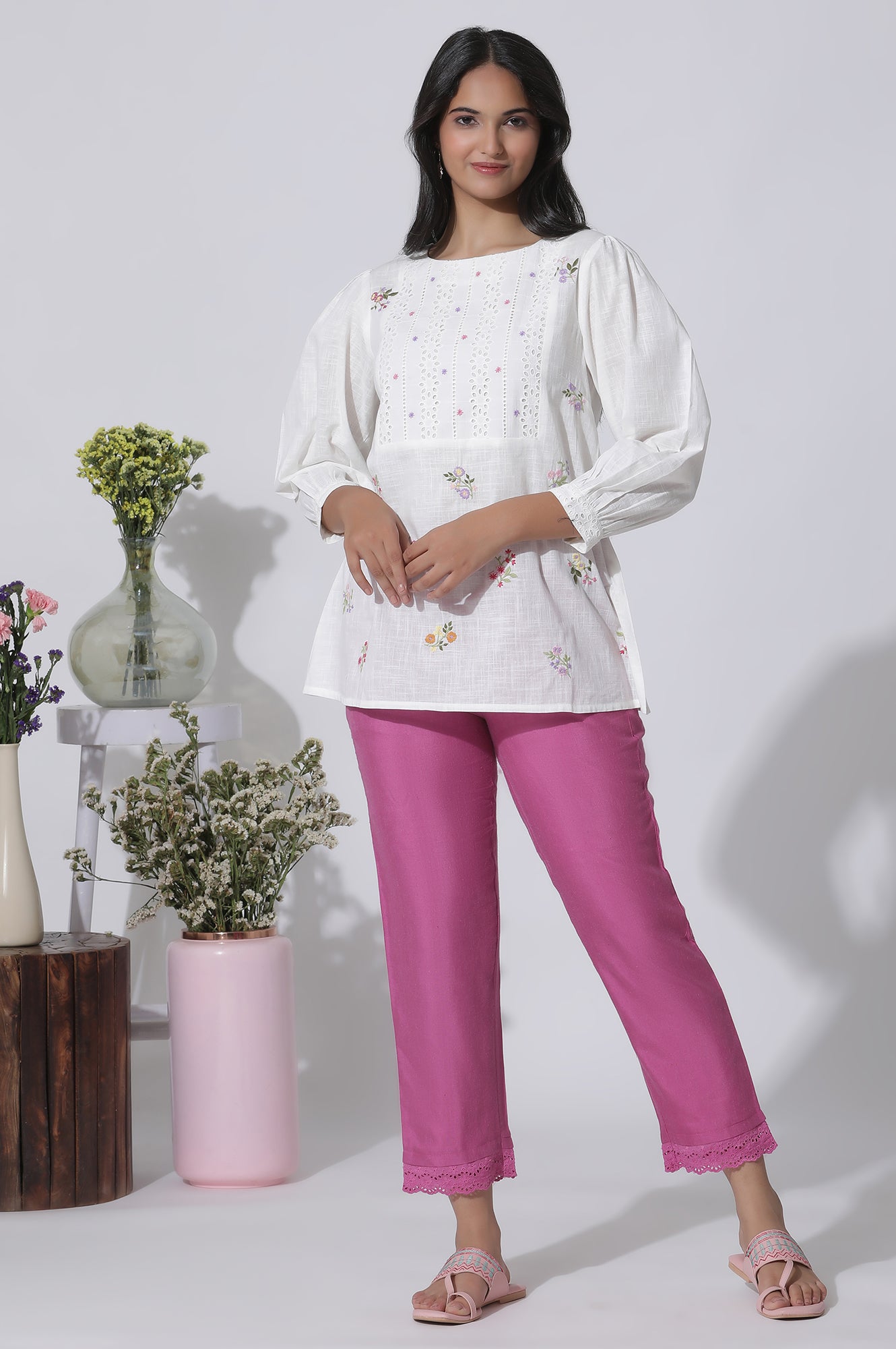 White Embroidered Cotton Top With Schiffli Yoke