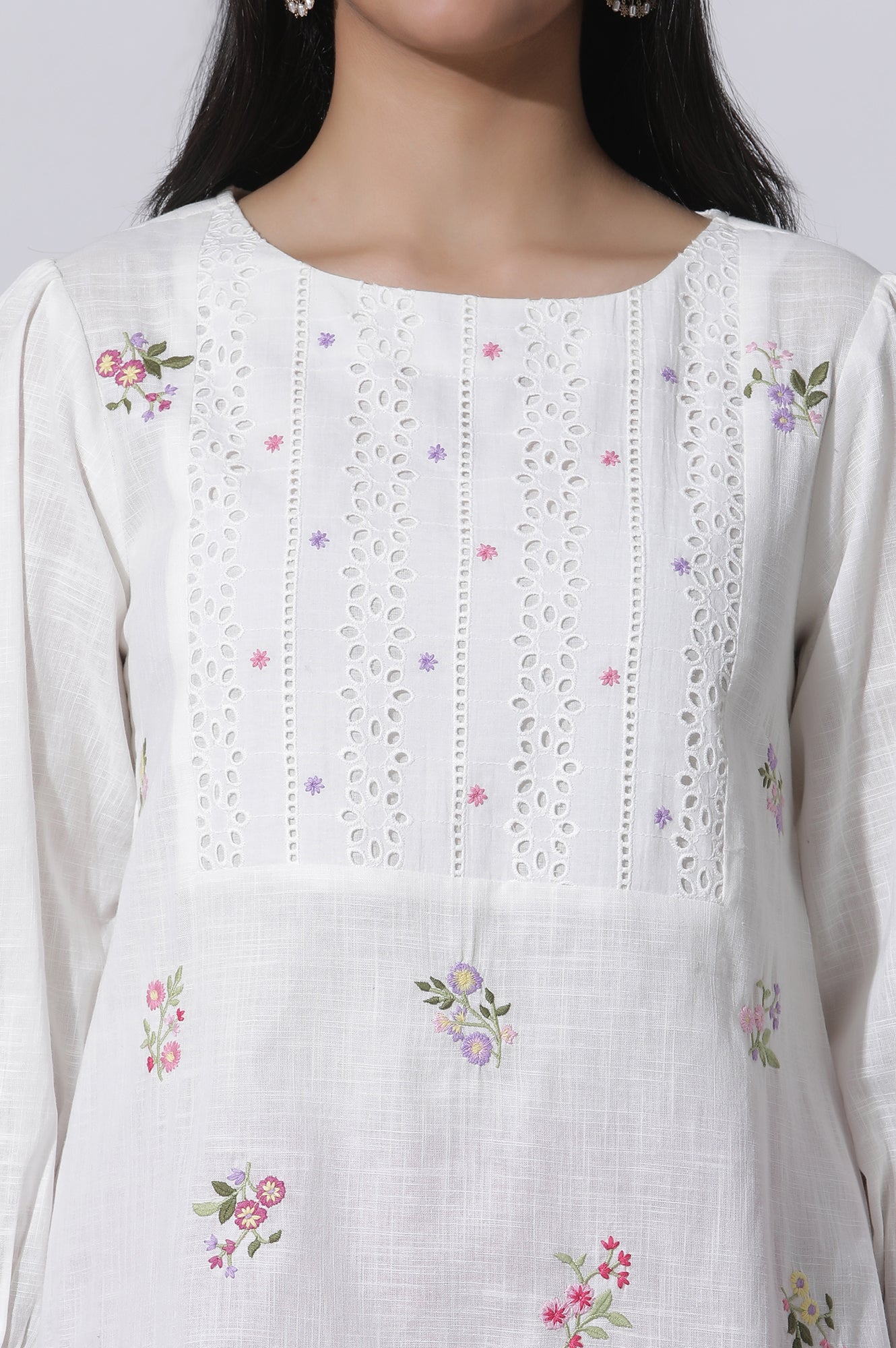 White Embroidered Cotton Top With Schiffli Yoke