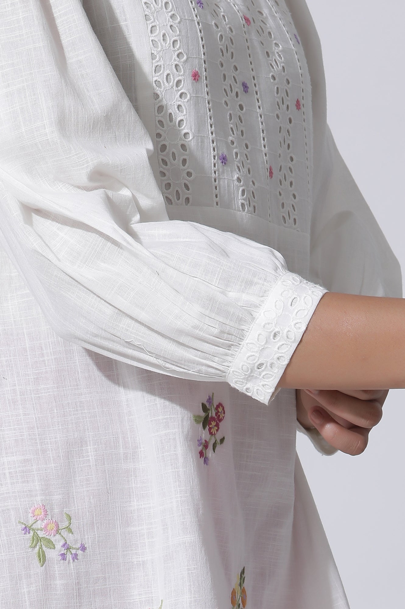 White Embroidered Cotton Top With Schiffli Yoke