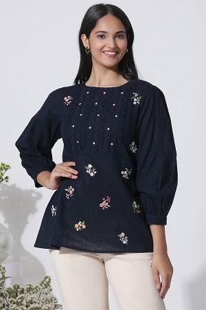 Navy Blue Embroidered Cotton Top With Schiffli Yoke