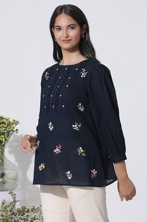 Navy Blue Embroidered Cotton Top With Schiffli Yoke