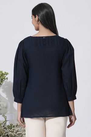 Navy Blue Embroidered Cotton Top With Schiffli Yoke