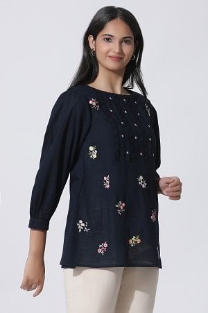 Navy Blue Embroidered Cotton Top With Schiffli Yoke