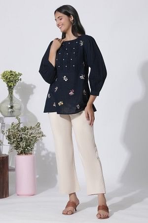 Navy Blue Embroidered Cotton Top With Schiffli Yoke