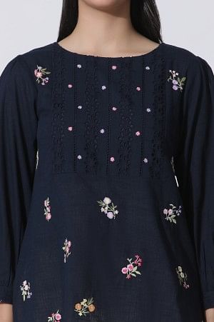 Navy Blue Embroidered Cotton Top With Schiffli Yoke