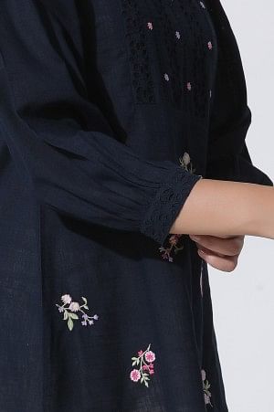 Navy Blue Embroidered Cotton Top With Schiffli Yoke