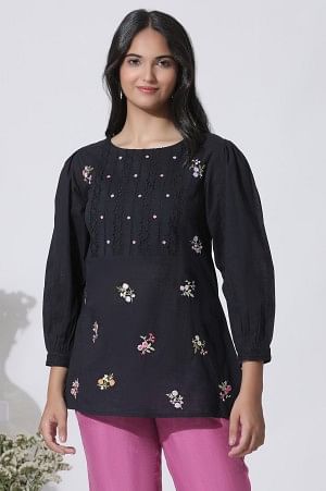 Black Embroidered Cotton Top With Schiffli Yoke