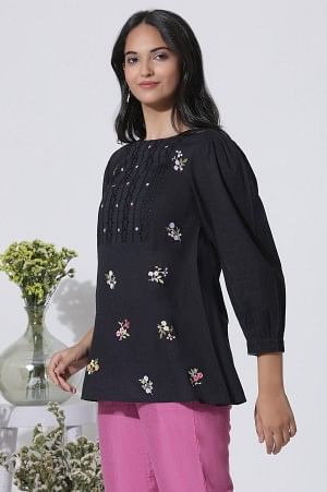 Black Embroidered Cotton Top With Schiffli Yoke