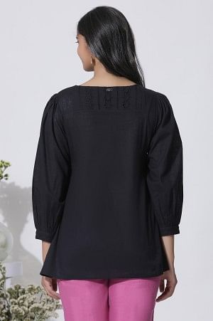 Black Embroidered Cotton Top With Schiffli Yoke